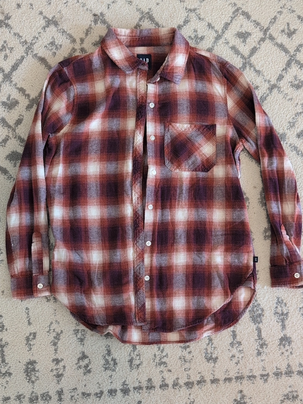 GAP Women's Brown and White Plaid Button-Down Shirt